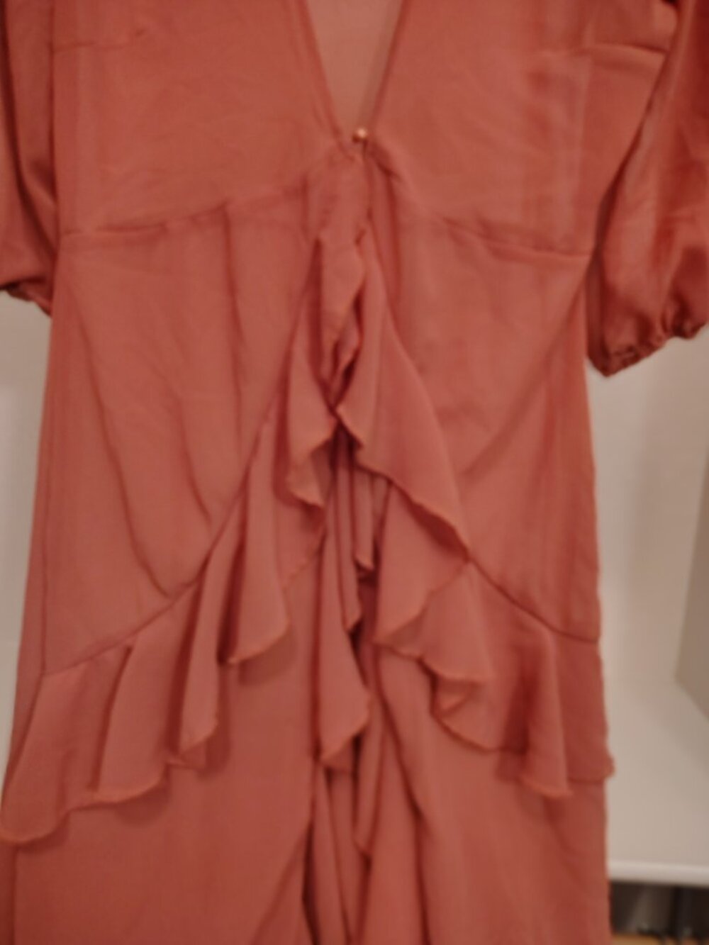 FAVLUX Sheer Terracotta Chiffon Ruffle High-Low Duster - Picture 5 of 11